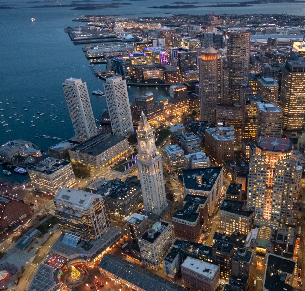 Boston skyline and harbor at night