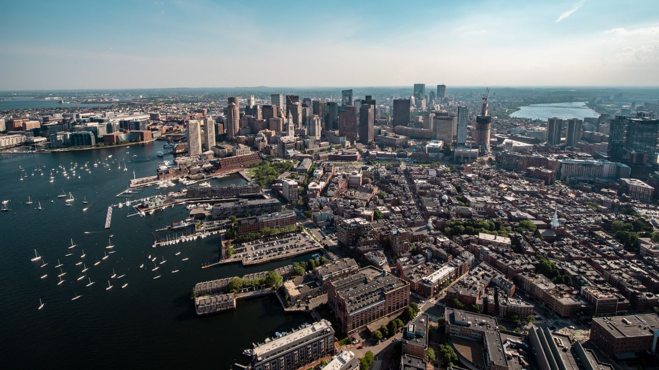 the Boston skyline from the view of a helicopter