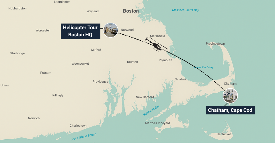 a helicopter flight map from Norwood to Chatham, Cape Cod