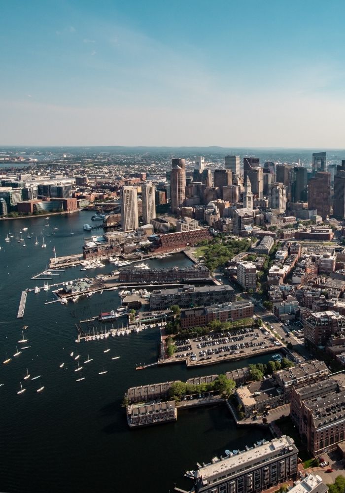 boston skyline view from a helicopter