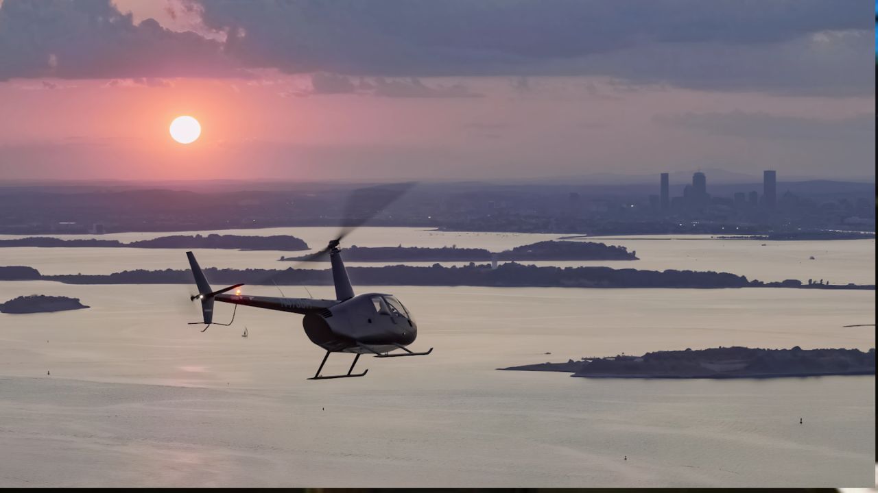 Private helicopter charter at sunset for a romantic getaway