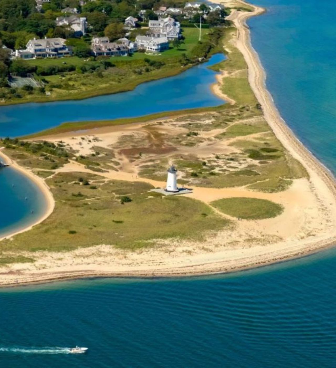 Lighthouse on Nantucket Island surrounded by water